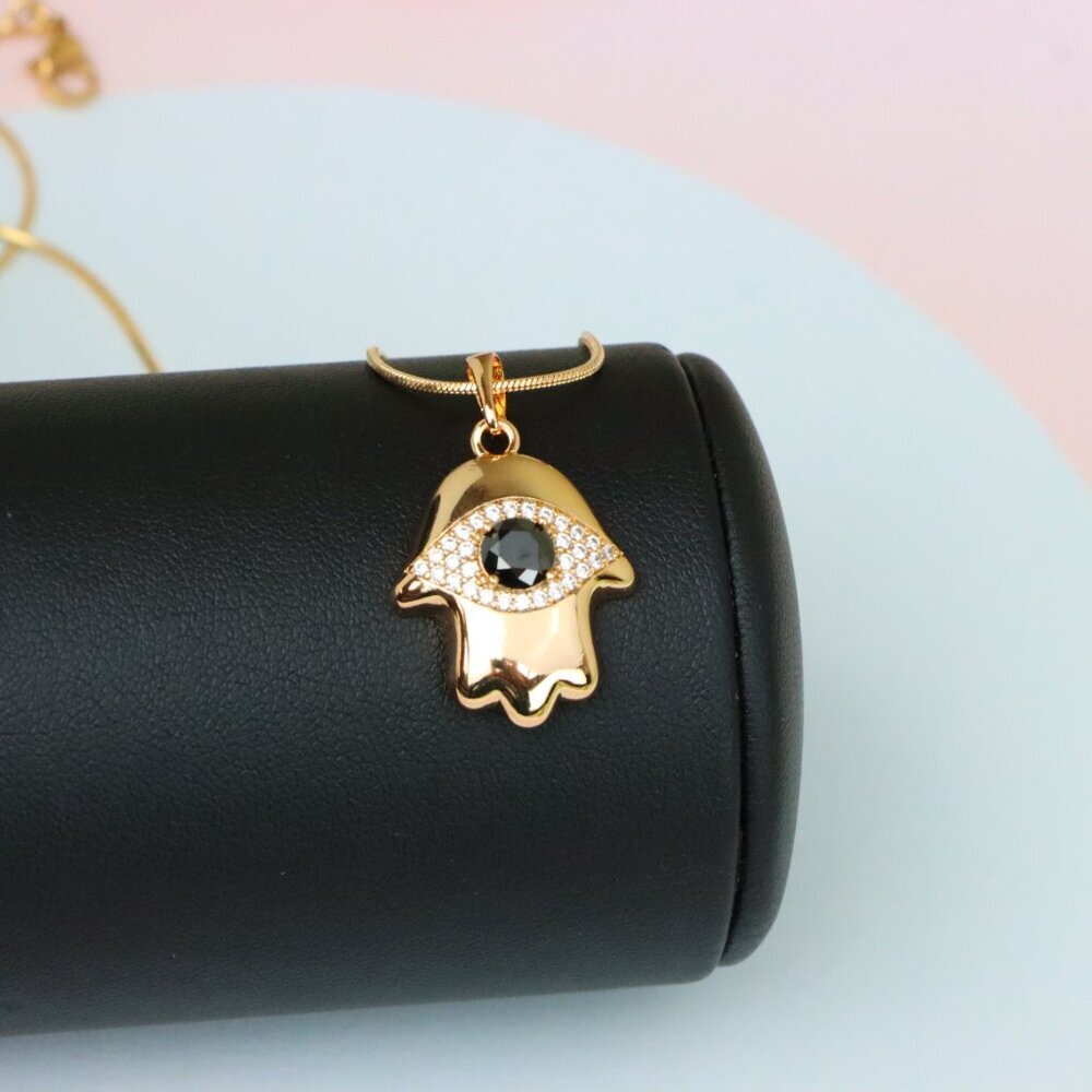 "Black Evil Eye Hamsa Pendant in Gold Plated Brass – Bold  Amulet, XPPT1756 - Picture 4 of 13
